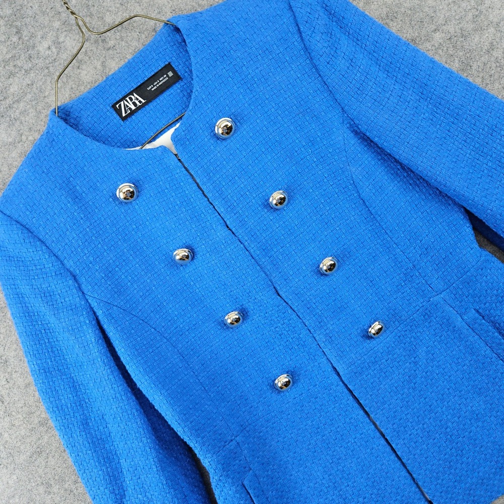 Zara Tweed Military Jacket Womens Small Blue Button Detail Peplum Textured Coat